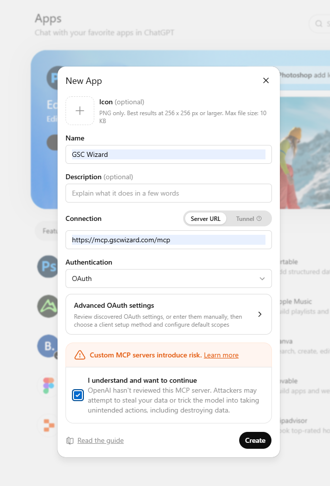 ChatGPT New App dialog in developer mode with the GSC Wizard MCP URL as the Server URL and Authentication set to OAuth