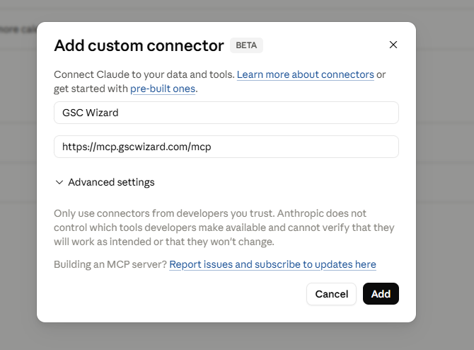 Claude Desktop Add custom connector dialog with the GSC Wizard MCP URL filled in and the OAuth Client ID and Secret fields left blank